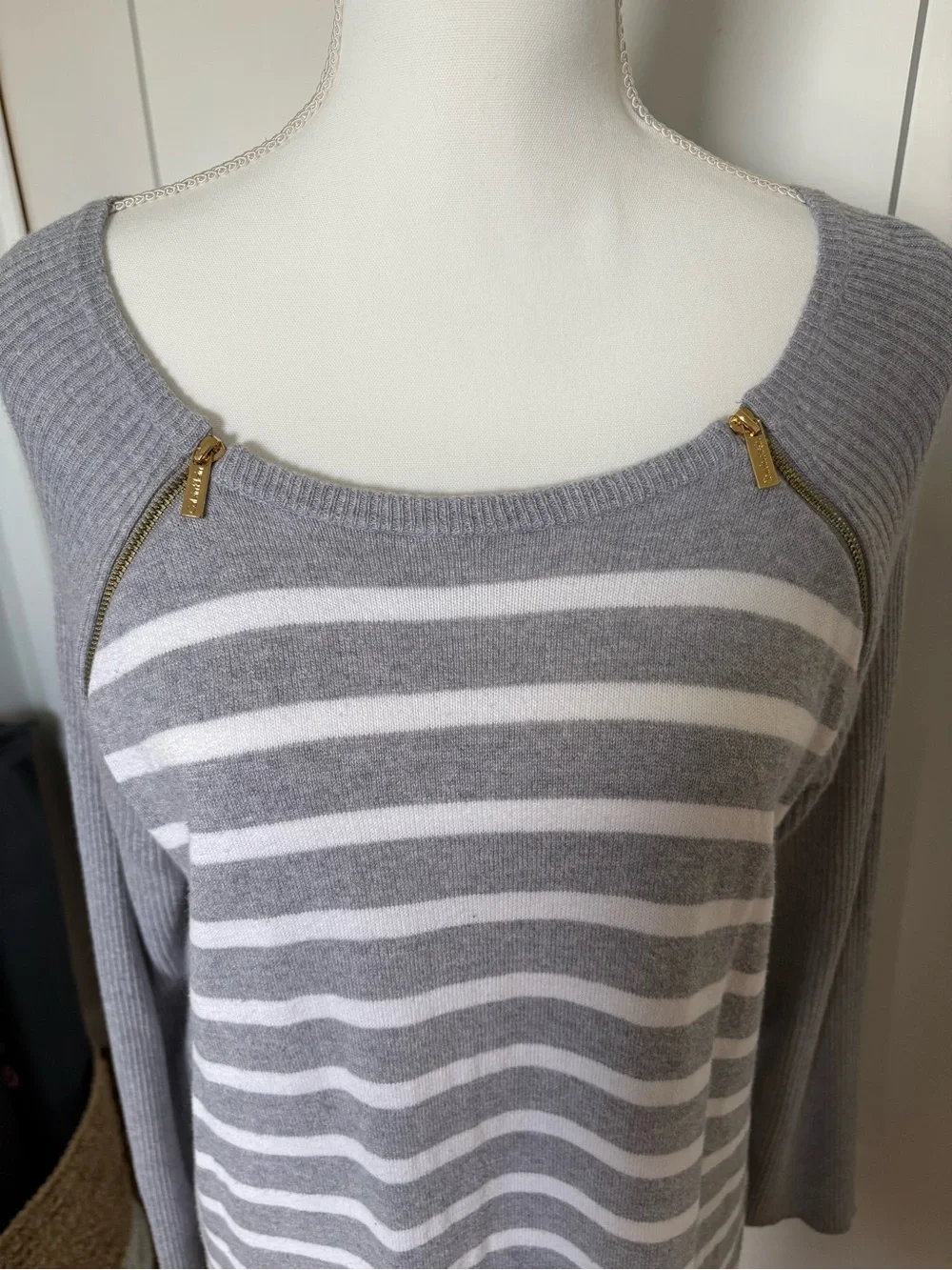 Calvin Klein Gray & White Striped Scoop Neck Sweater with Gold Zips